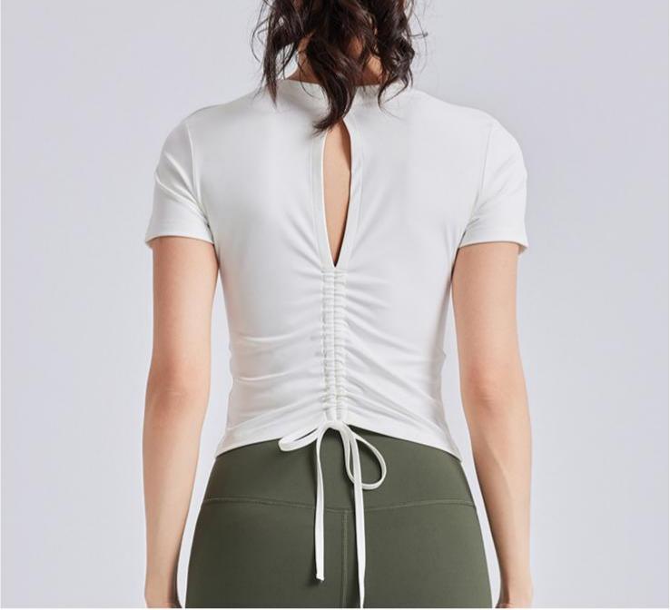 Lila Zen Drawstring Backless Ruffled Bra with Padded Chest Short-Sleeve Fitness Yoga Wear