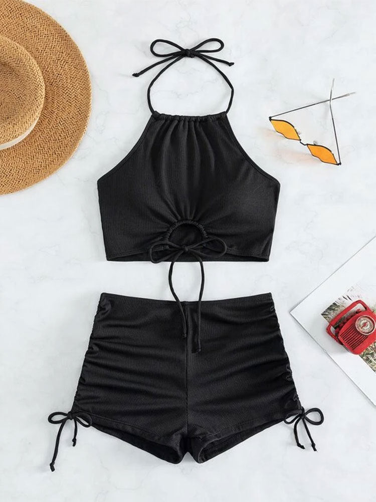 Ribbed Ring-Detail Halter Tankini & Ruched Shorts Set
