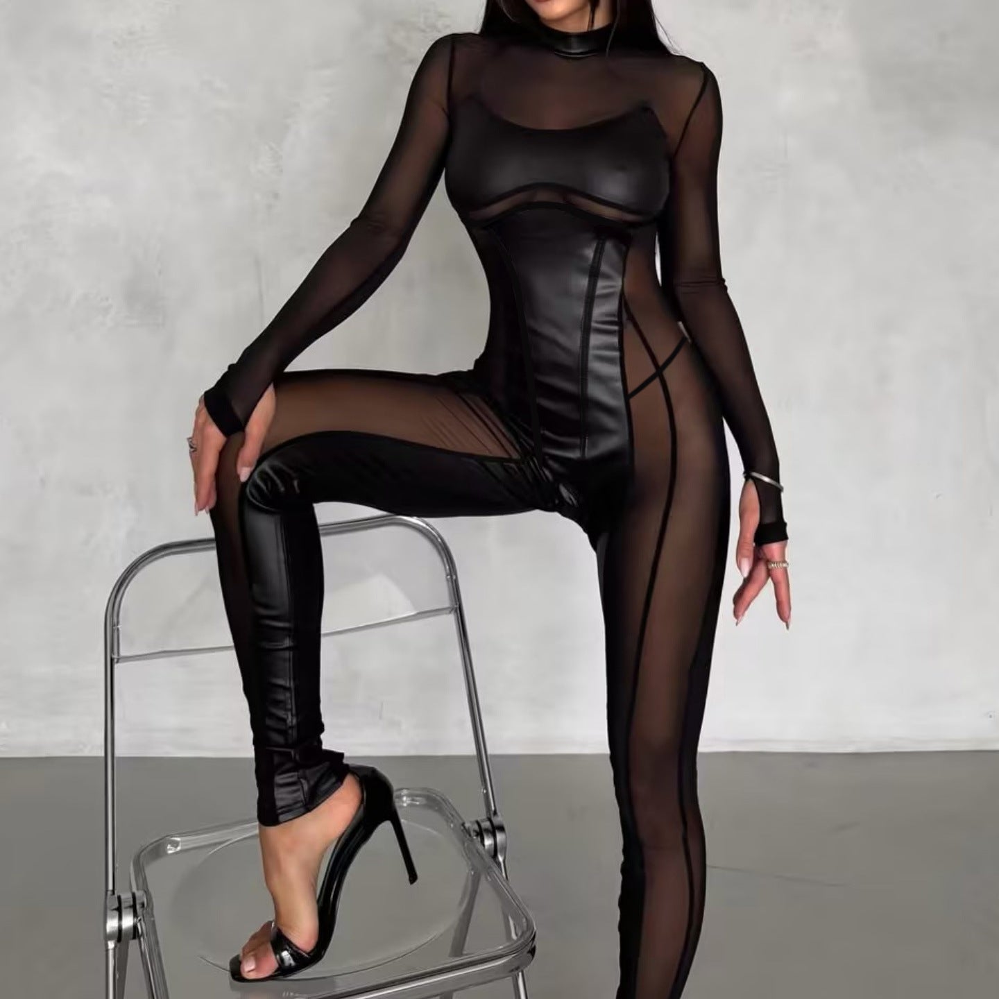 Sheer Mesh Panel Sculpting Black Jumpsuit