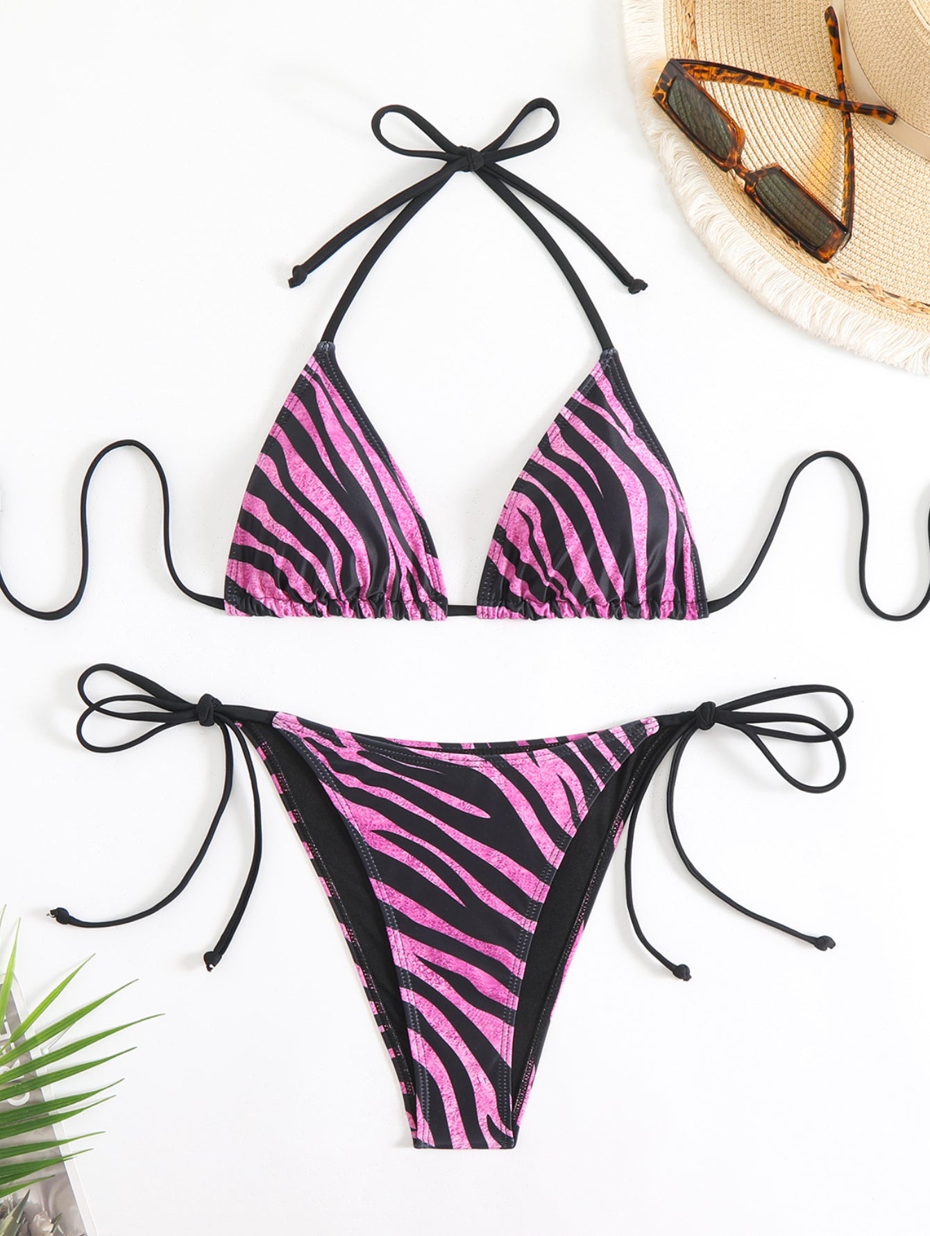 Wildline Contrast-Tie Printed Triangle Bikini Set