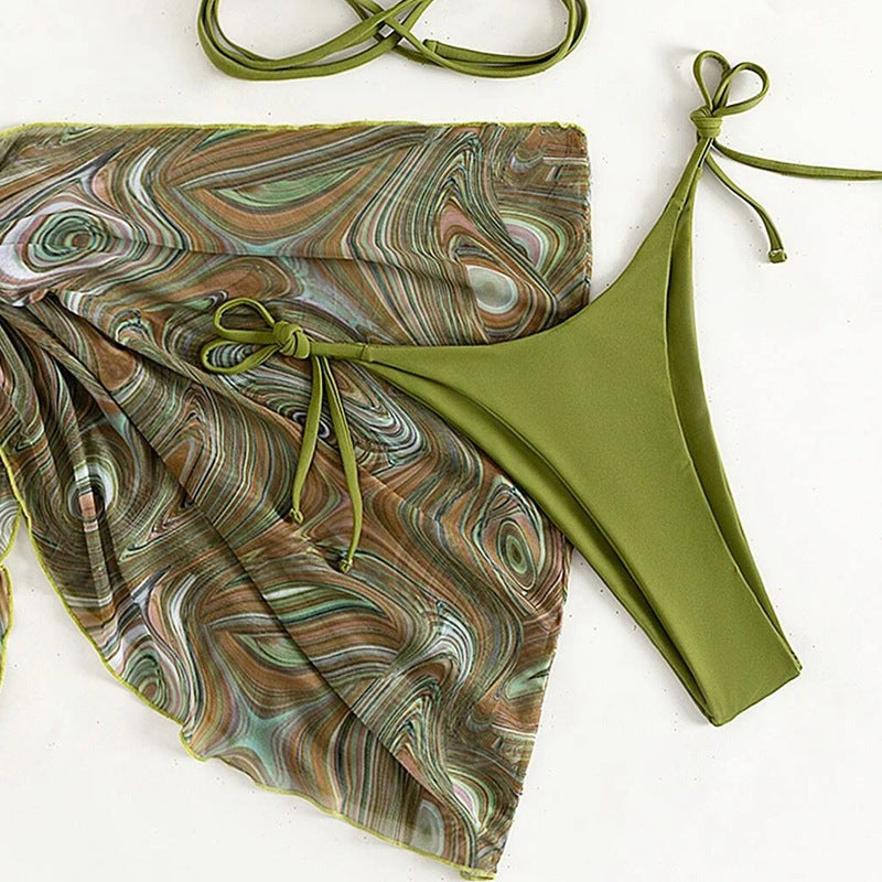 Wrap-Strap Bandeau Bikini Set with Printed Sarong Skirt