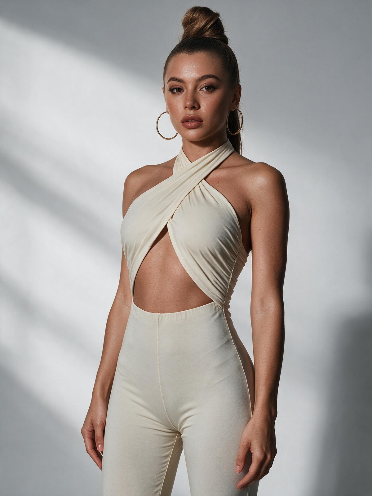 Milk Silk Halter Neck Jumpsuit Slim Fit Cutout Backless Crisscross Skinny Long Pants High Waist