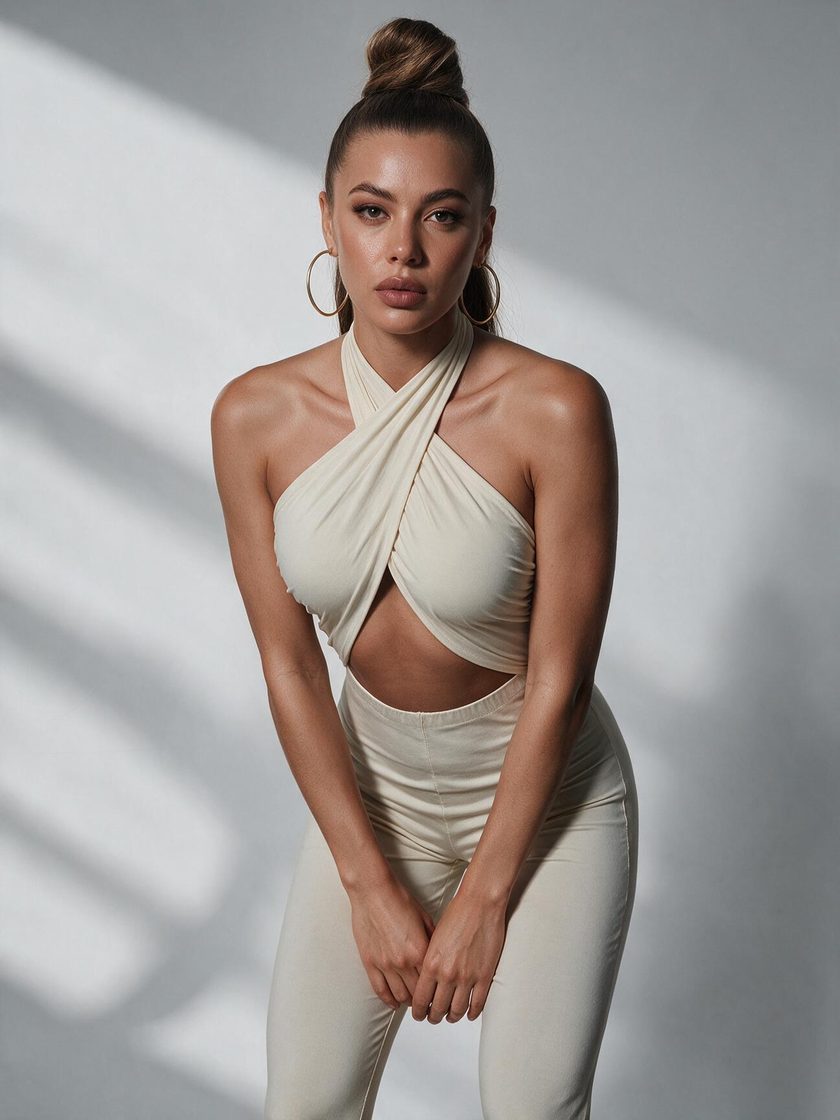 Milk Silk Halter Neck Jumpsuit Slim Fit Cutout Backless Crisscross Skinny Long Pants High Waist
