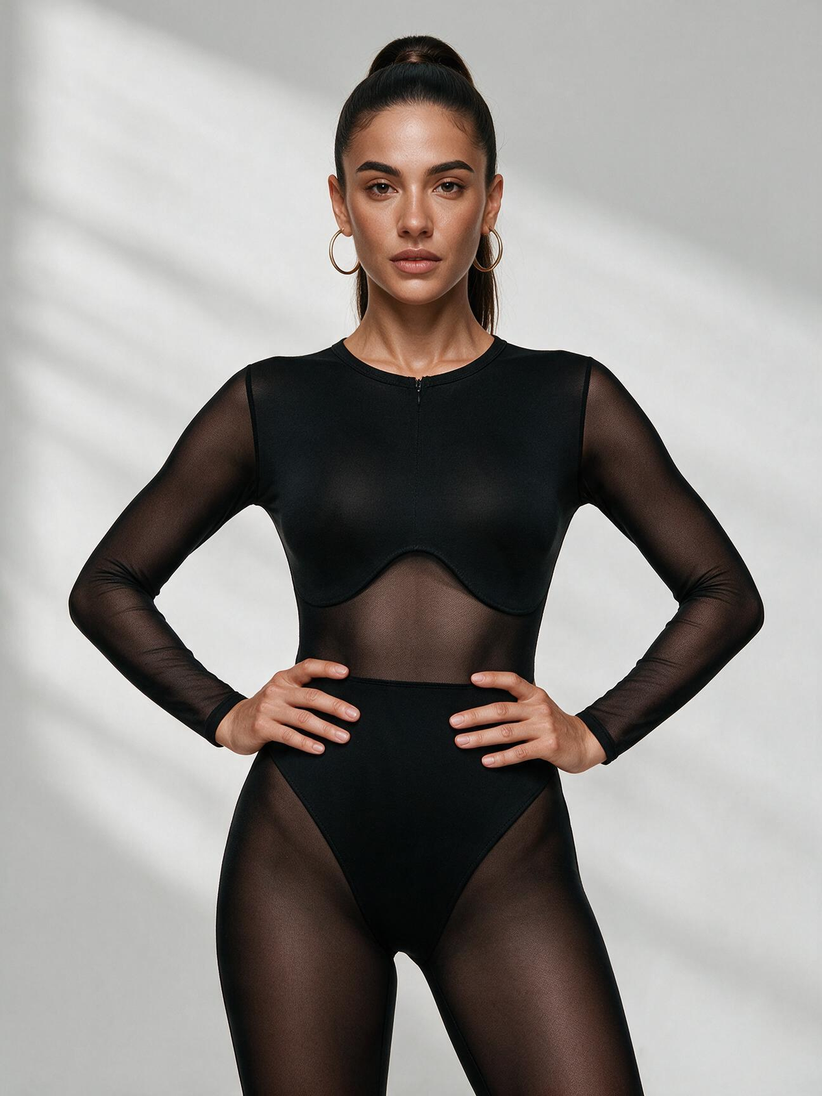 sexy fashion mesh patchwork long-sleeve black jumpsuit