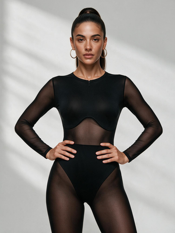 sexy fashion mesh patchwork long-sleeve black jumpsuit