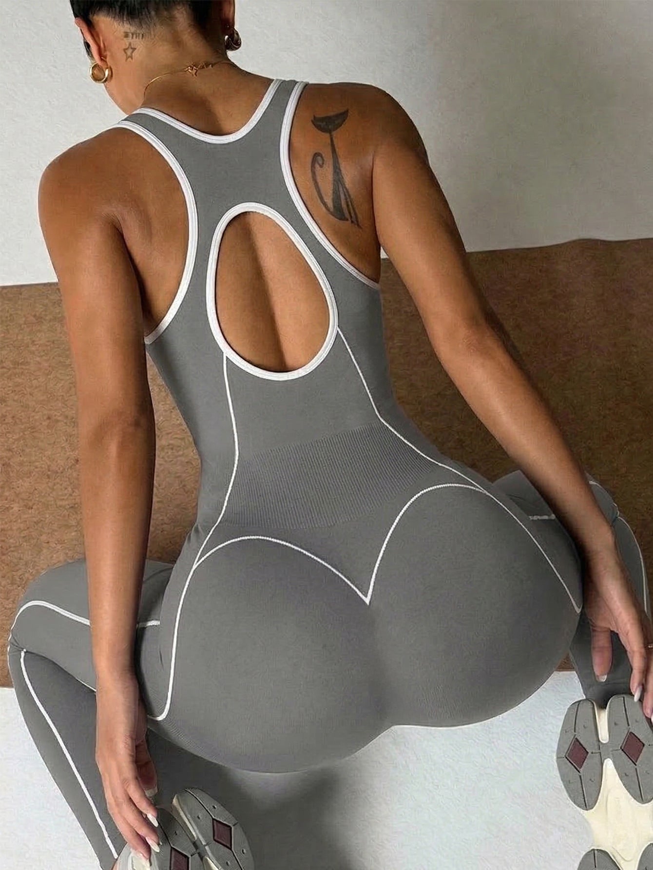Lila Zen Contrast Trim Sleeveless Open-Back Sculpt Yoga Jumpsuit