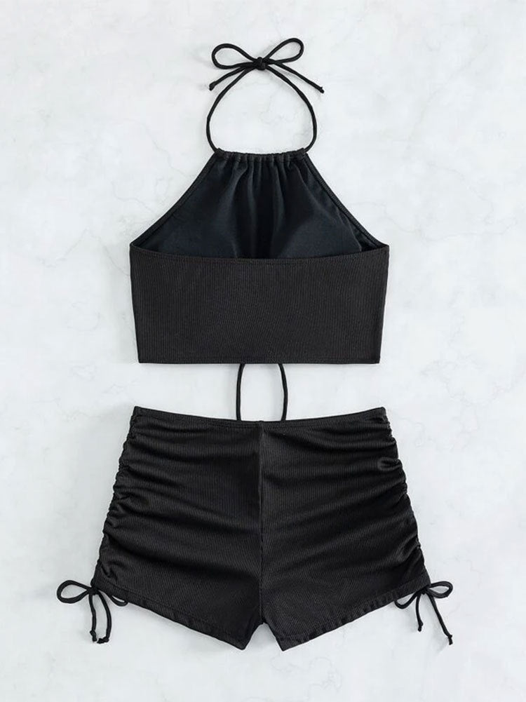 Ribbed Ring-Detail Halter Tankini & Ruched Shorts Set