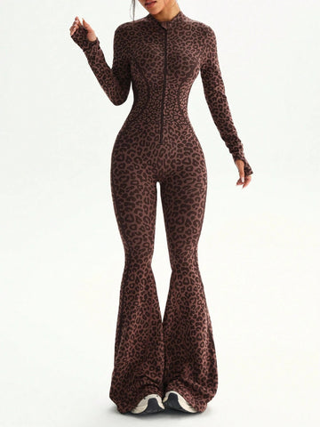 Lila Zen WildForm Leopard Zip-Front Sculpting Flared Jumpsuit