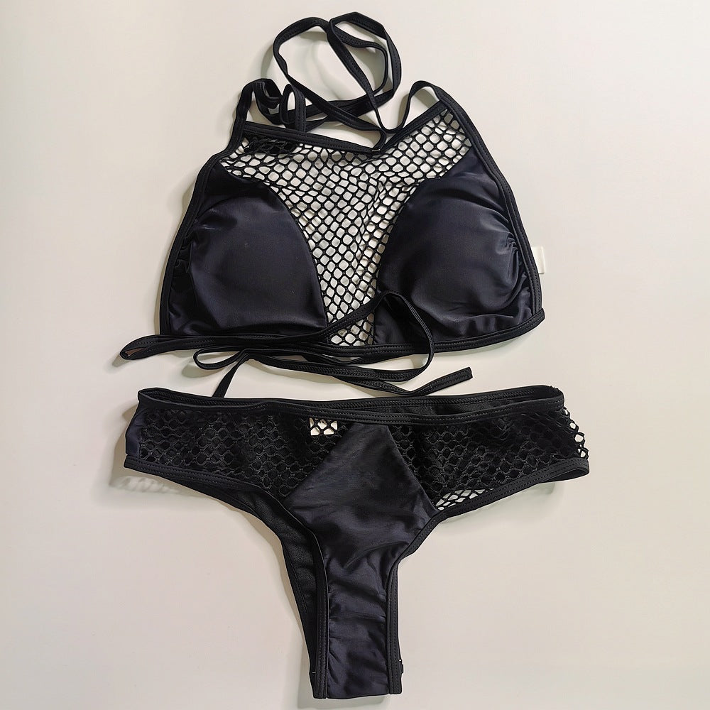 Onyx Fishnet High-Neck Bikini Set
