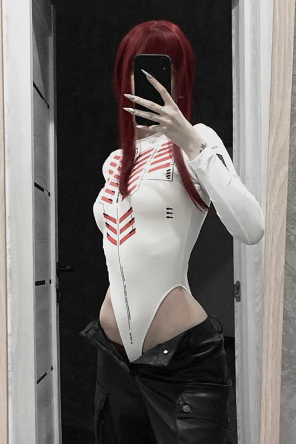 Futuristic Graphic High Neck Long Sleeve Bodysuit
