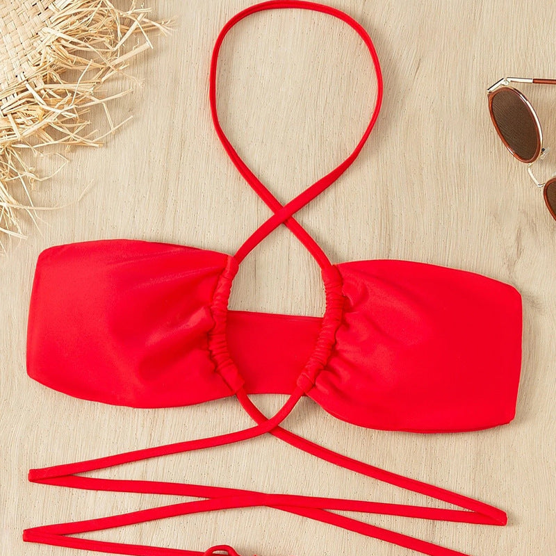 Wrap-Strap Bandeau Bikini Set with Printed Sarong Skirt