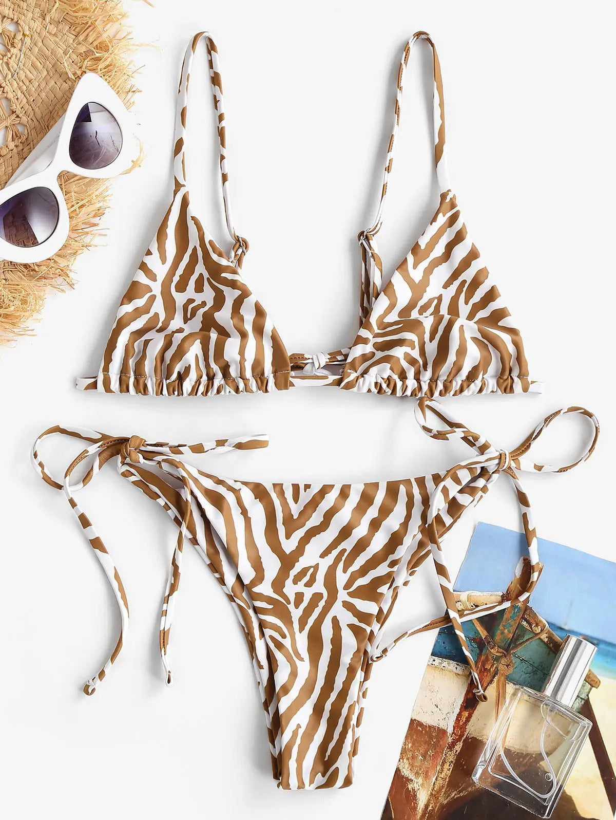 Zebra-Print Tie-Side Triangle Bikini Set