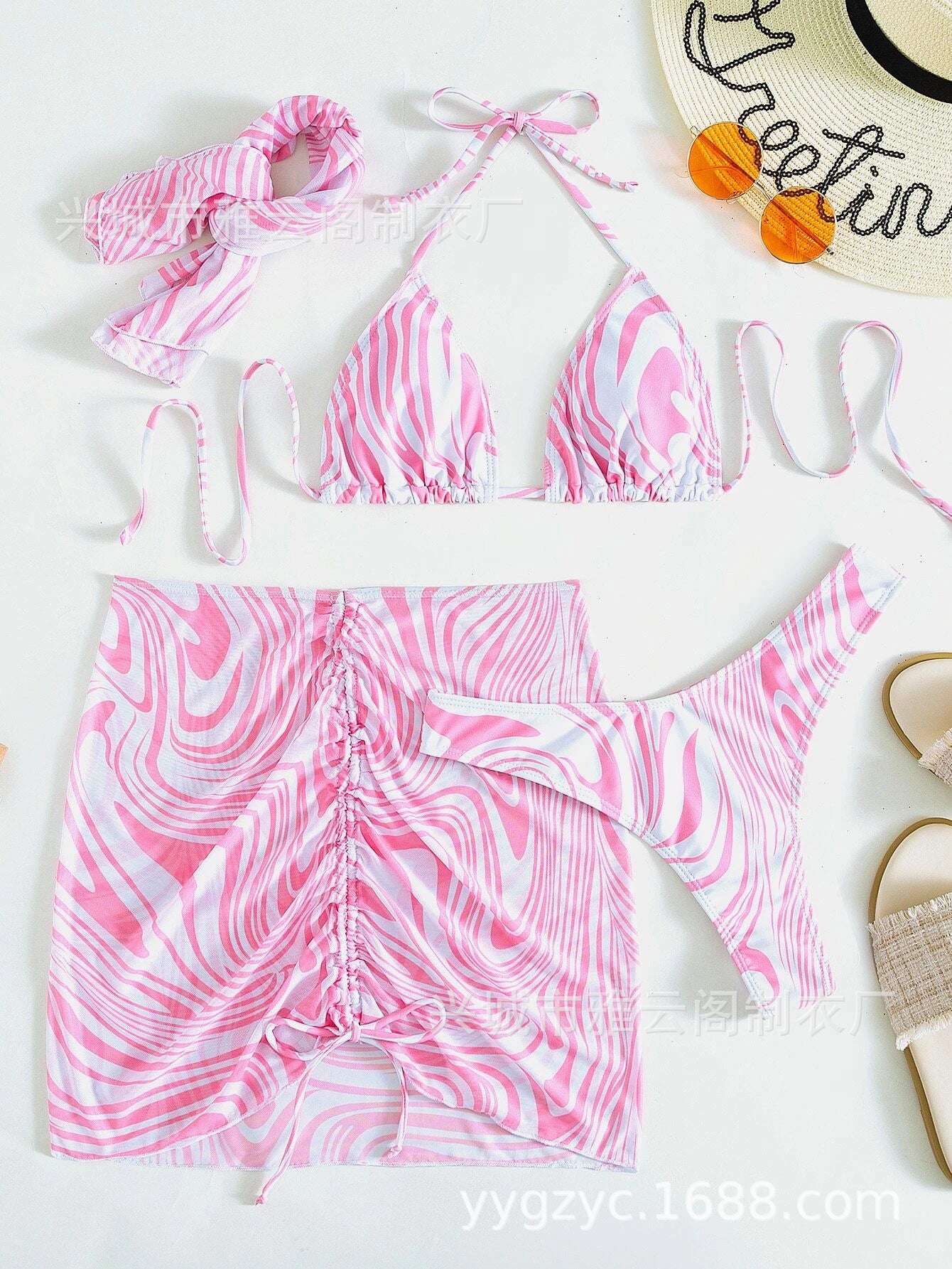 Swirl Print Triangle Bikini & Ruched Mini Skirt Set