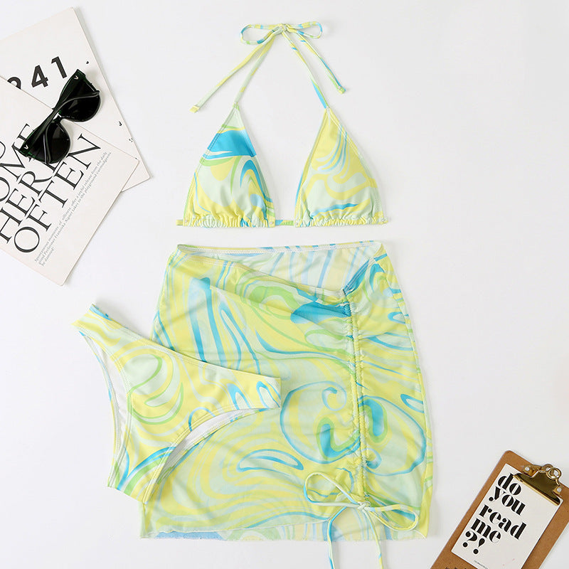 Swirl-Print Triangle Bikini & Ruched Mesh Skirt Set