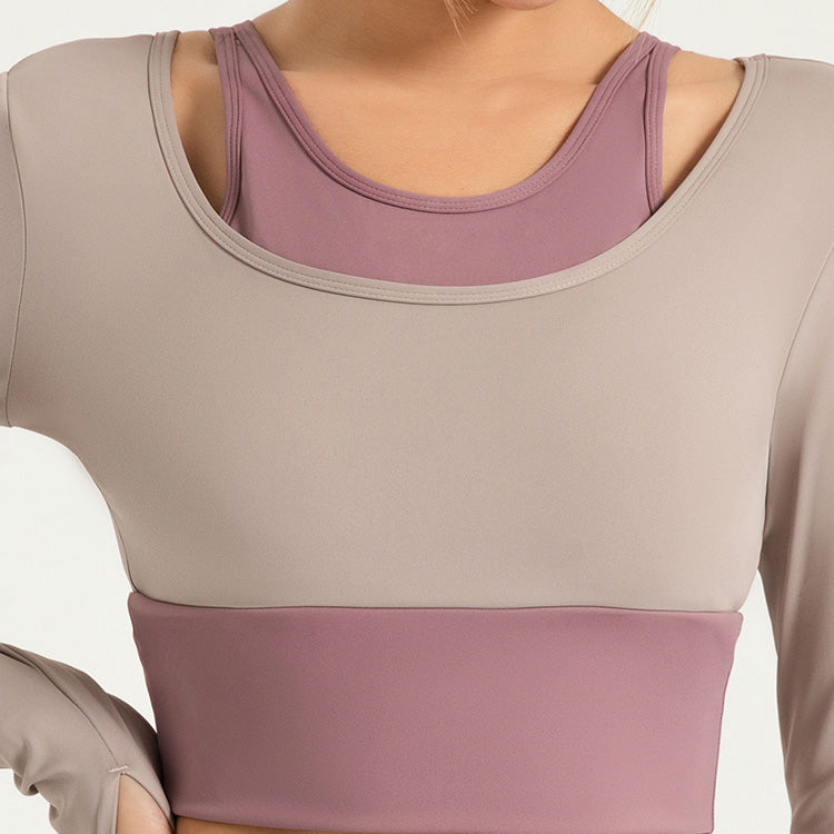 Lila Zen Shockproof Color-Blocked Faux Two-Piece Long-Sleeved Yoga Wear