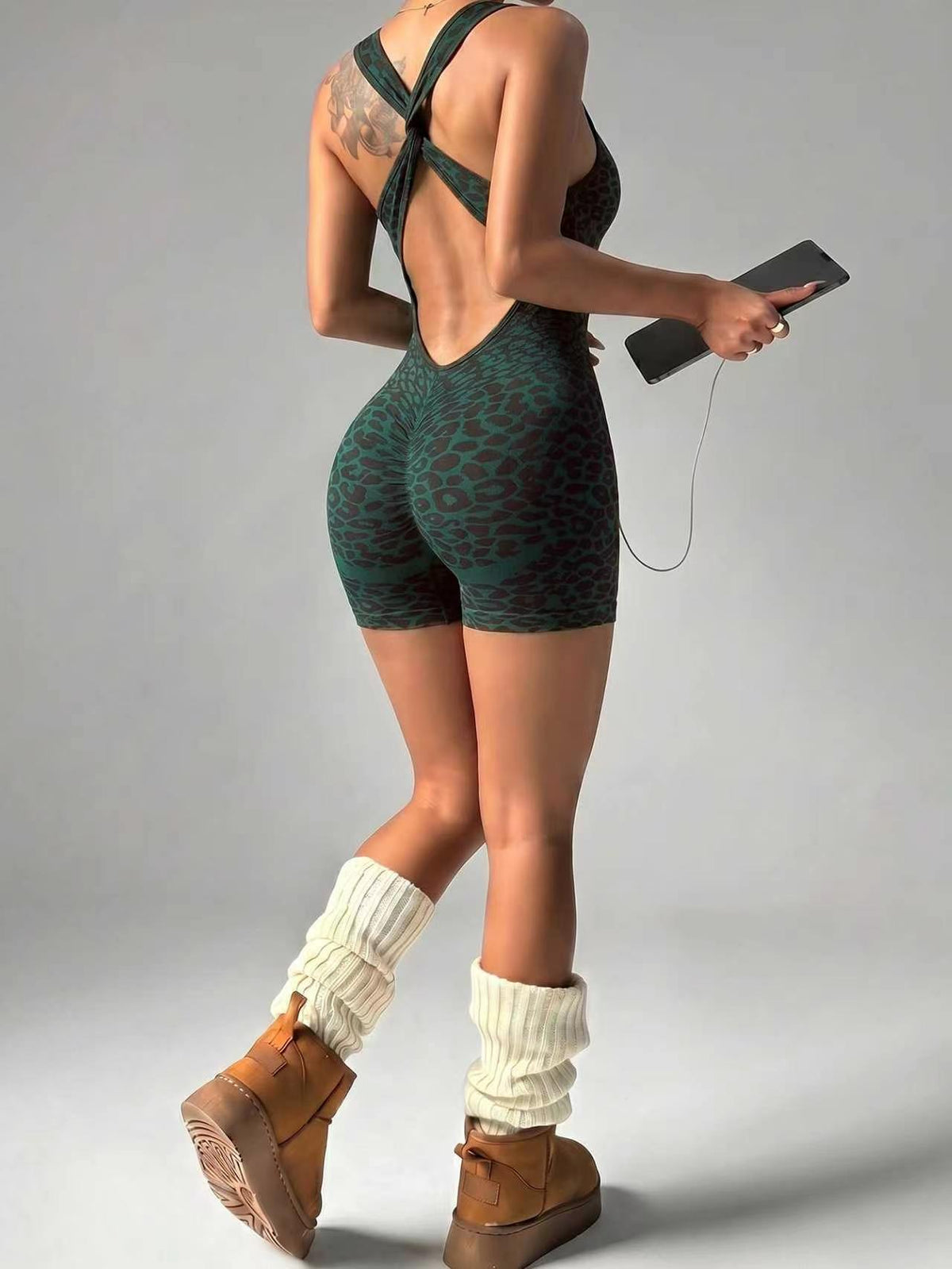 Leopard Print Crisscross Back Sculpt Romper
