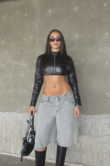 Cropped PU Leather Moto Zip Jacket