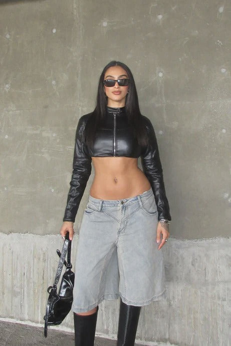 Cropped PU Leather Moto Zip Jacket