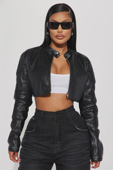 Cropped PU Leather Moto Zip Jacket