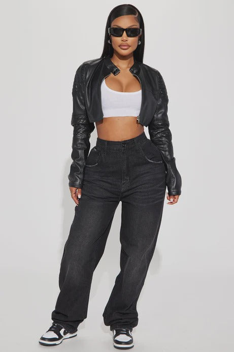 Cropped PU Leather Moto Zip Jacket