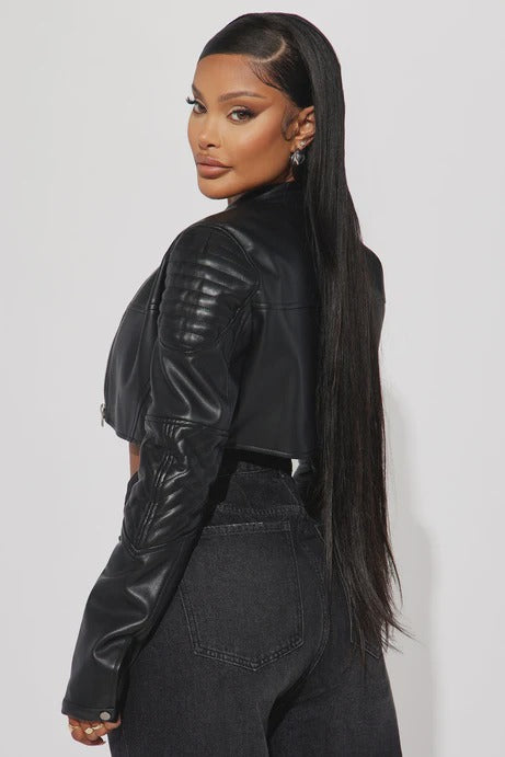 Cropped PU Leather Moto Zip Jacket