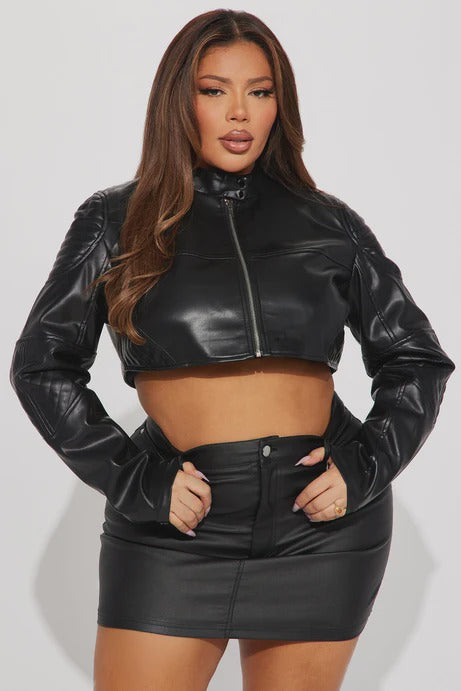 Cropped PU Leather Moto Zip Jacket