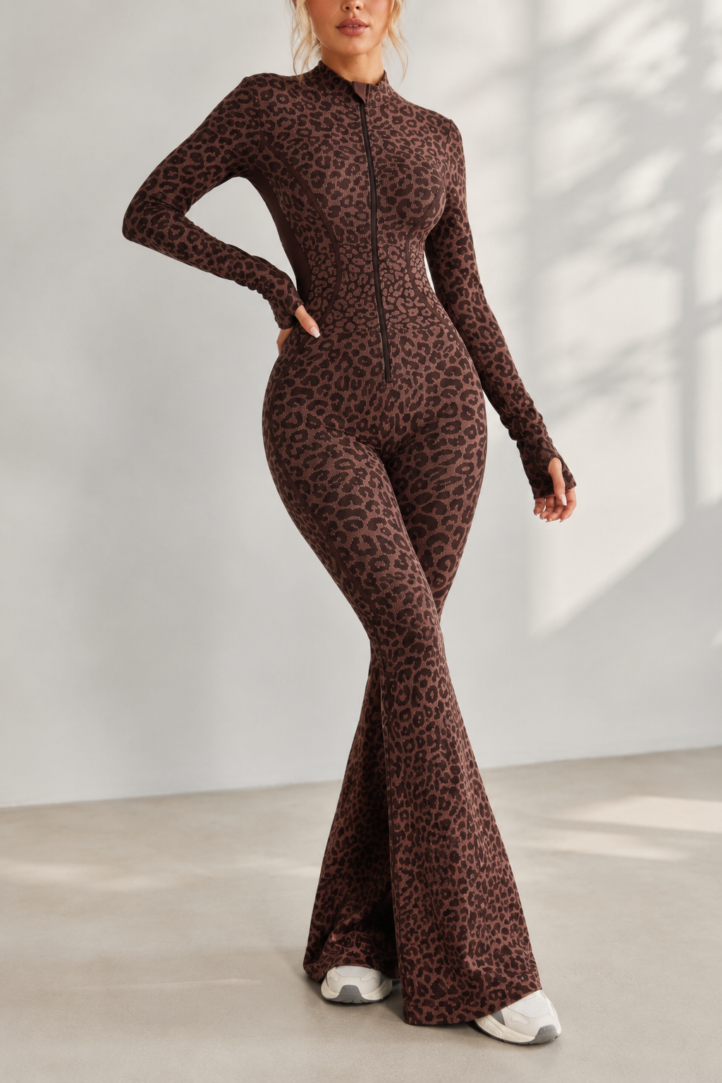 Lila Zen WildForm Leopard Zip-Front Sculpting Flared Jumpsuit