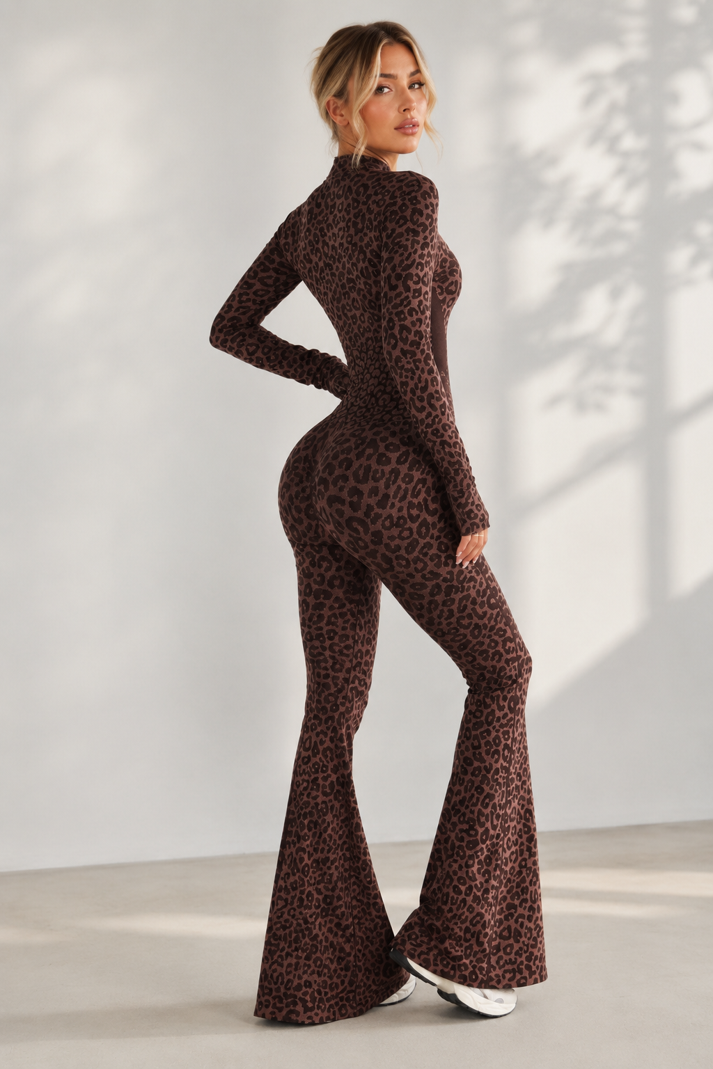 Lila Zen WildForm Leopard Zip-Front Sculpting Flared Jumpsuit