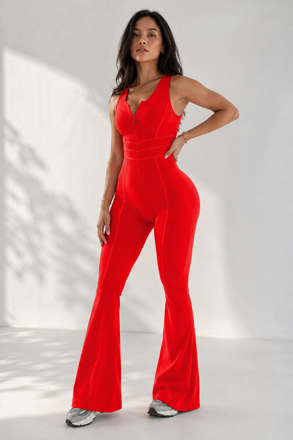 Lila Zen SculptFit Zip-Front Open-Back Flared Jumpsuit