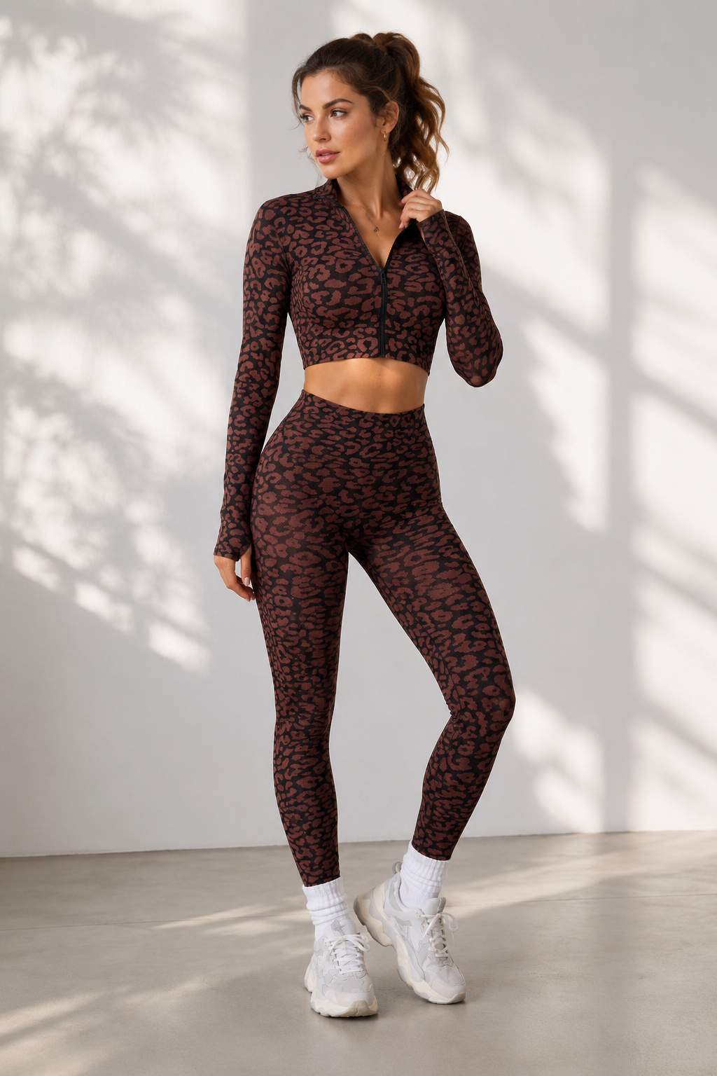 Lila Zen Leopard Seamless Long Sleeve Crop Top & High-Waisted Leggings Set