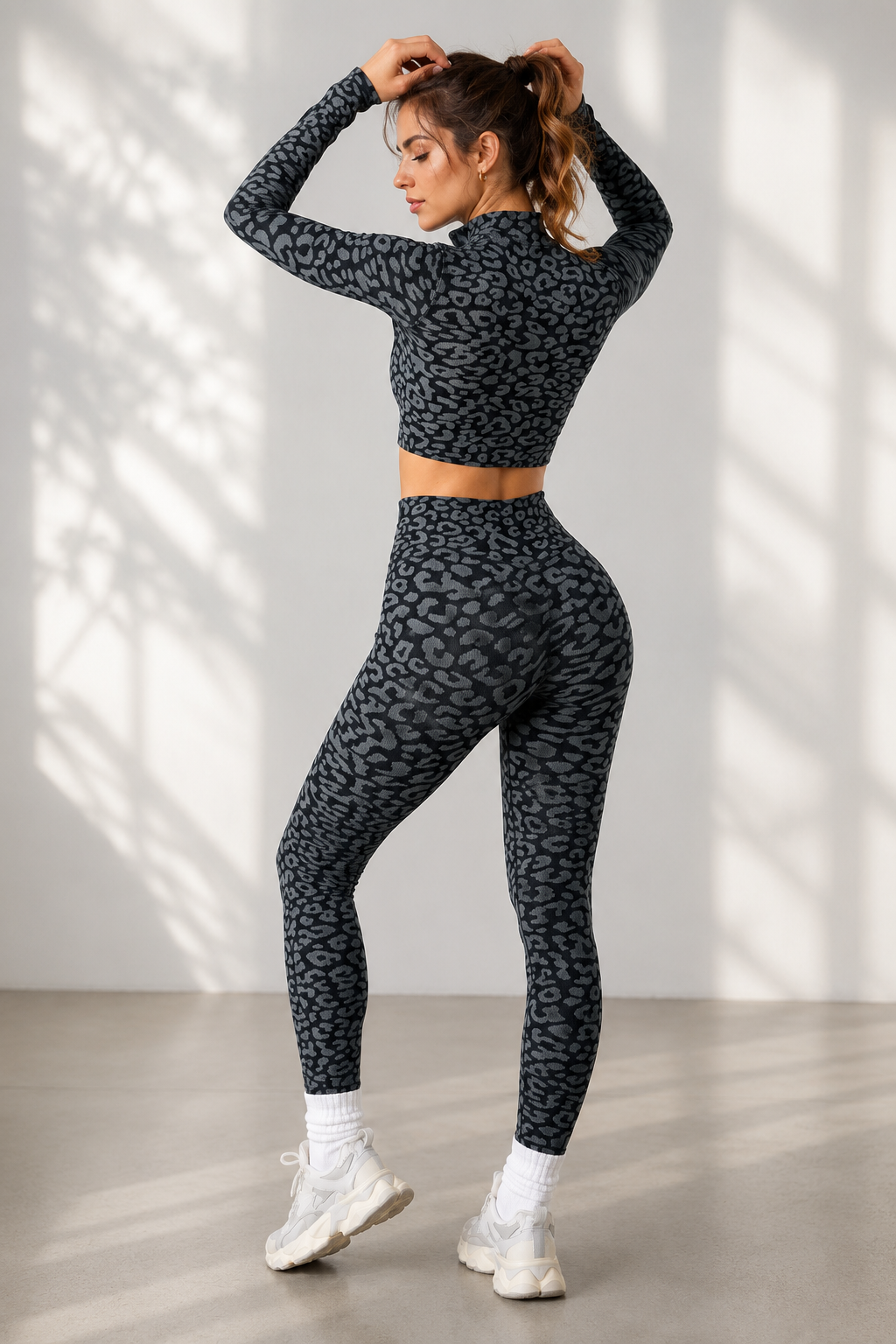Lila Zen Leopard Seamless Long Sleeve Crop Top & High-Waisted Leggings Set
