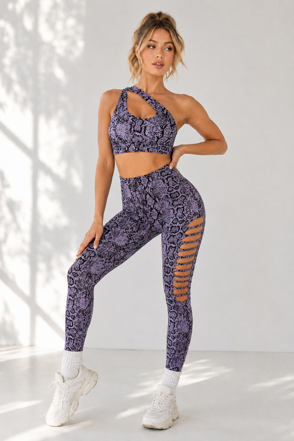 Lila Zen Asymmetric Python Print Cutout Yoga Set