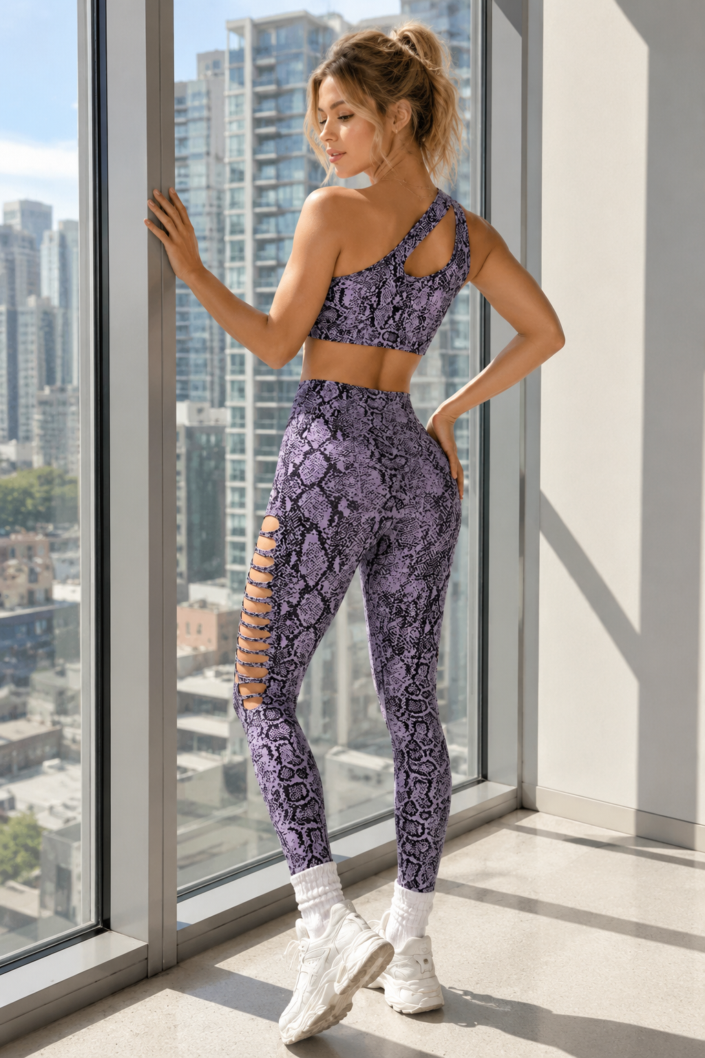 Lila Zen Asymmetric Python Print Cutout Yoga Set