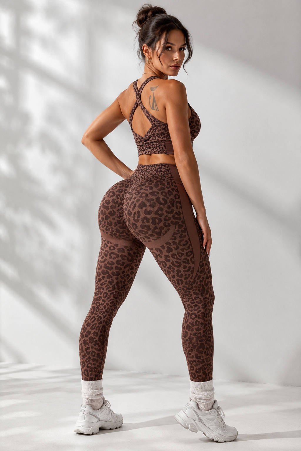 Lila Zen Coffee Leopard Cross-Back Sports Bra & High-Waist Leggings Set