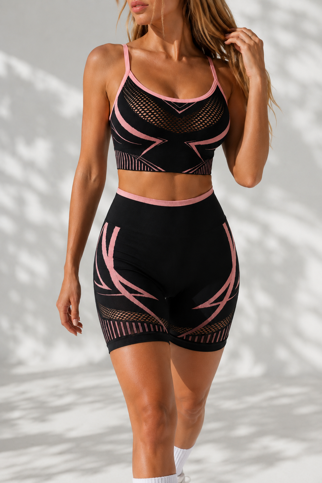 Lila Zen Seamless Contour Strappy Sports Bra & High-Waisted Biker Shorts Set