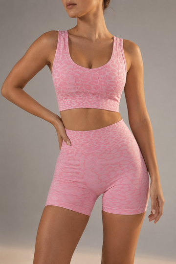 Lila Zen Leopard Jacquard Crossback Sports Bra & High-Waisted Biker Shorts Set