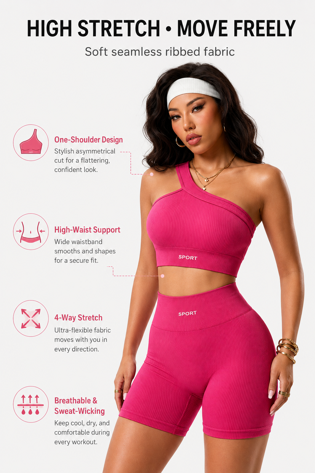 Lila Zen One-Shoulder Seamless Ribbed Sports Bra & High-Waisted Shorts Set