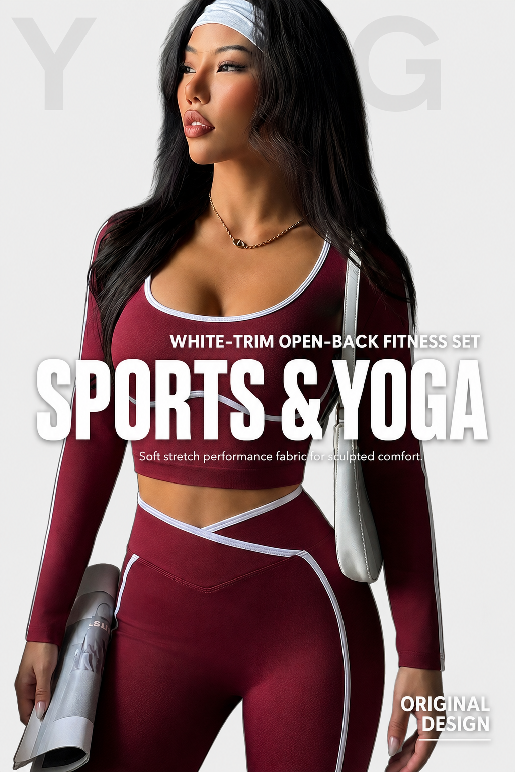 Lila Zen White-Trim Open Back Long Sleeve Yoga Set