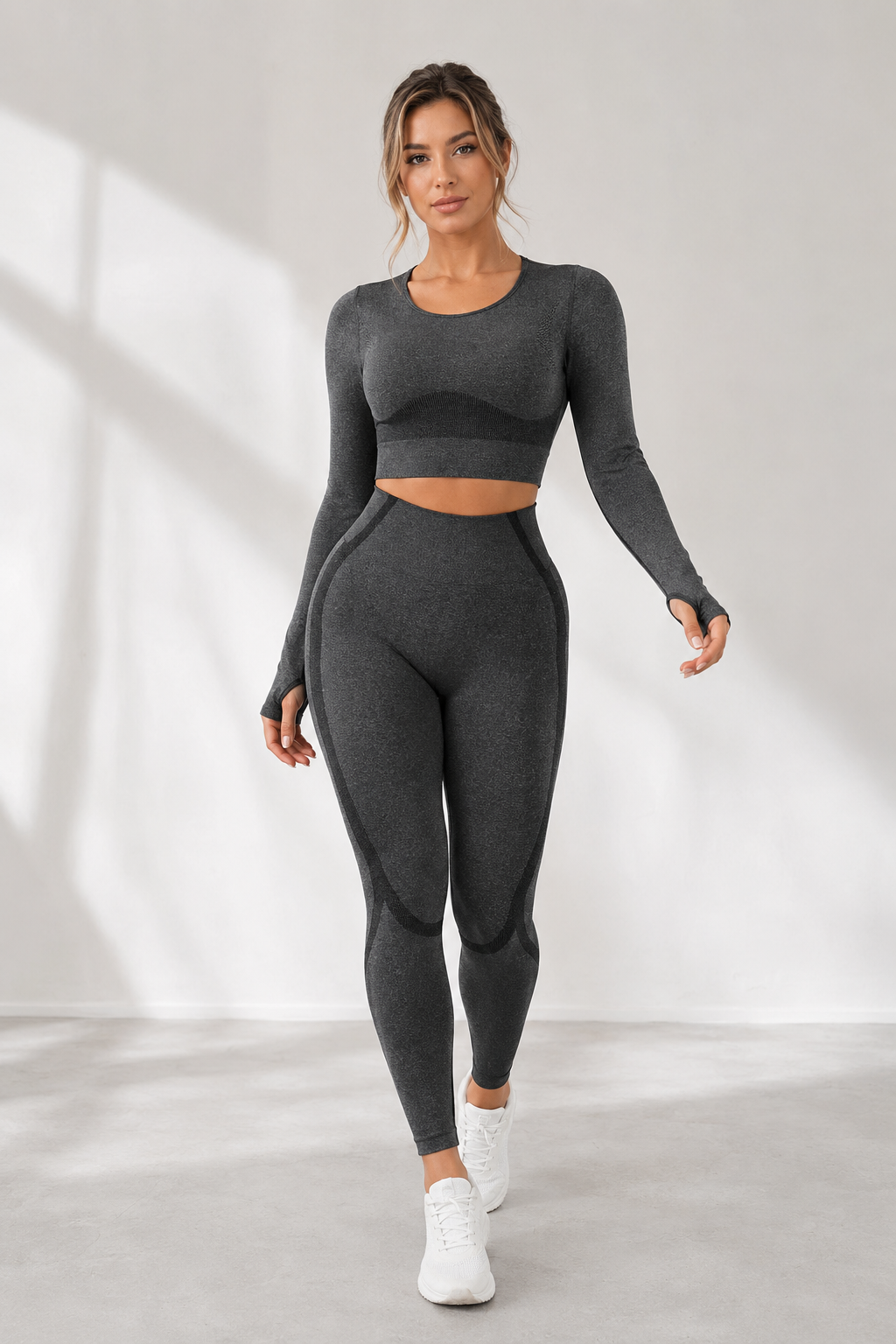 Lila Zen Seamless 3D Sculpt Long Sleeve Crop Top & High-Waisted Leggings Set