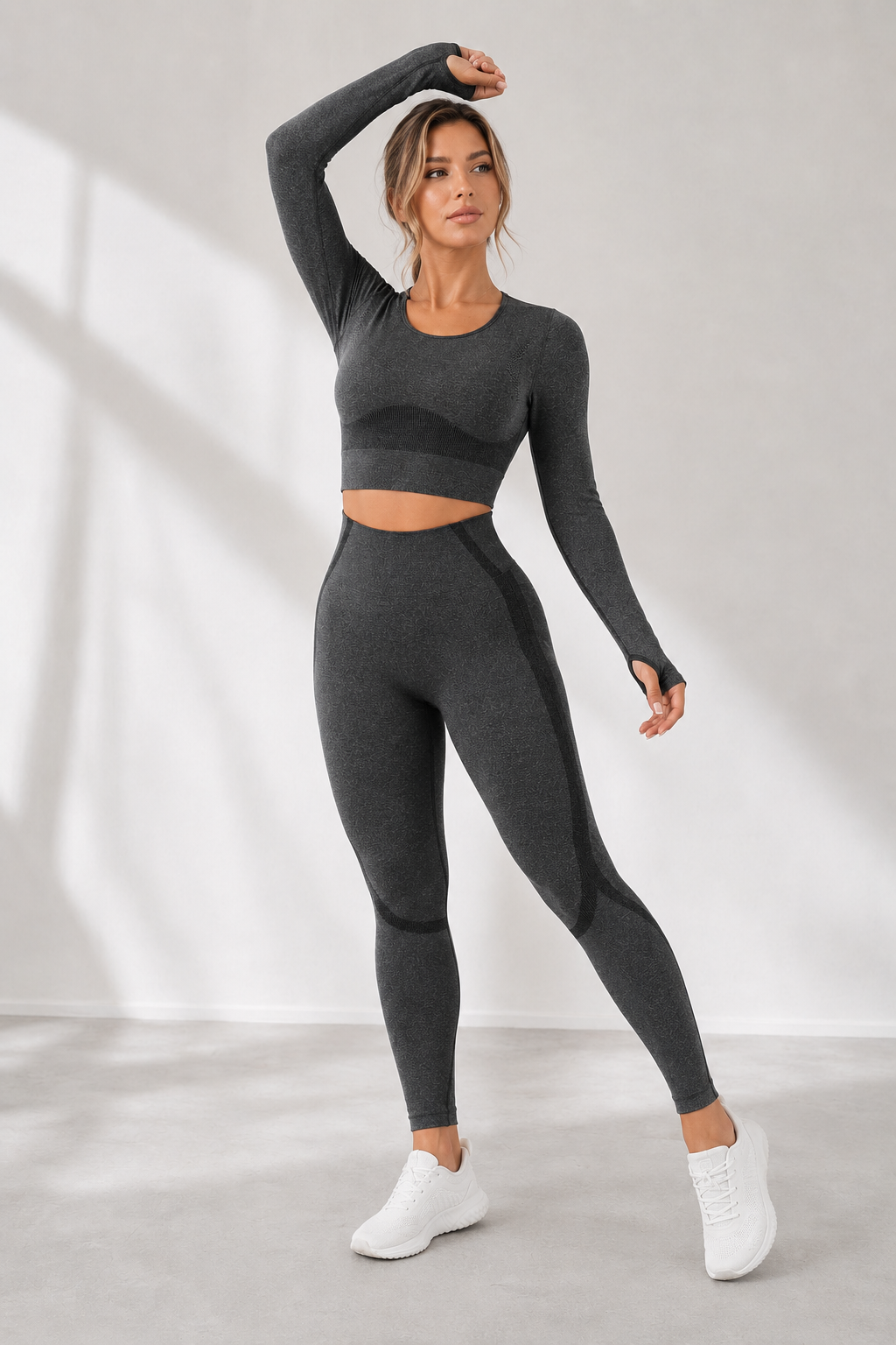 Lila Zen Seamless 3D Sculpt Long Sleeve Crop Top & High-Waisted Leggings Set