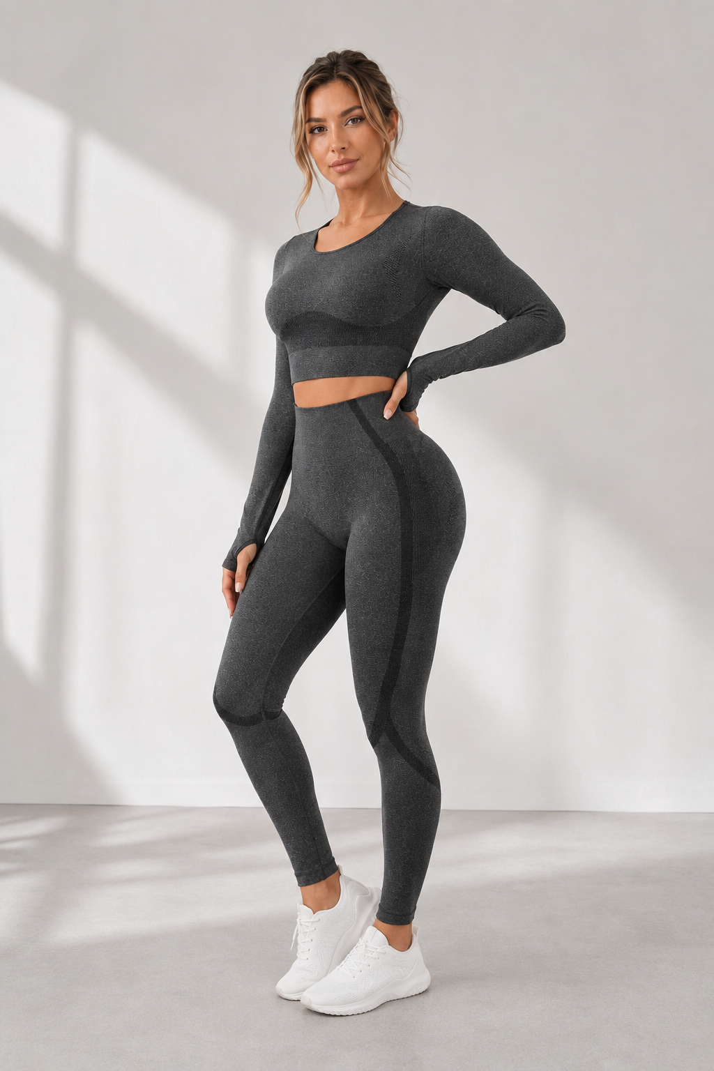 Lila Zen Seamless 3D Sculpt Long Sleeve Crop Top & High-Waisted Leggings Set