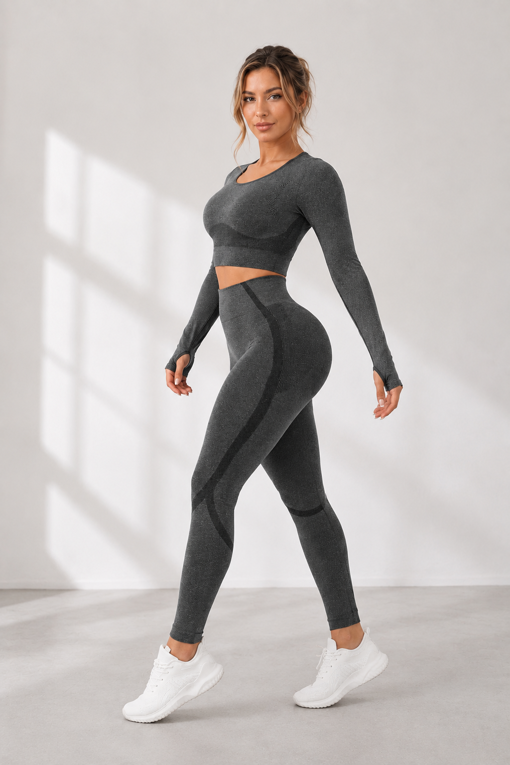 Lila Zen Seamless 3D Sculpt Long Sleeve Crop Top & High-Waisted Leggings Set