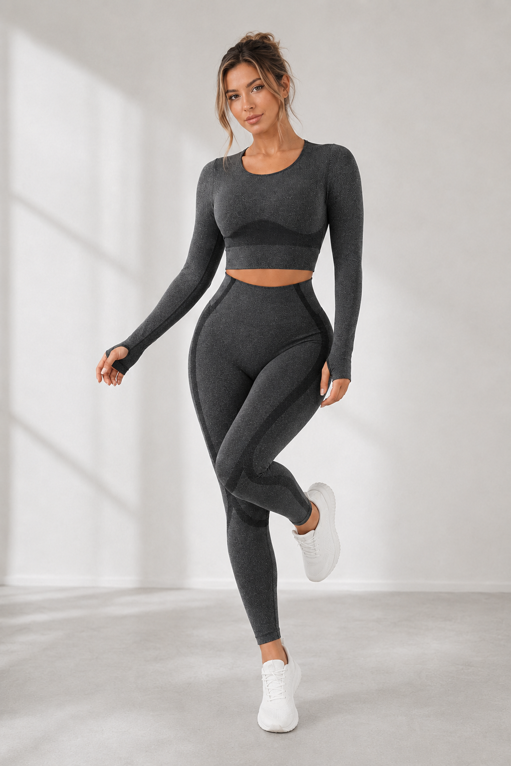 Lila Zen Seamless 3D Sculpt Long Sleeve Crop Top & High-Waisted Leggings Set