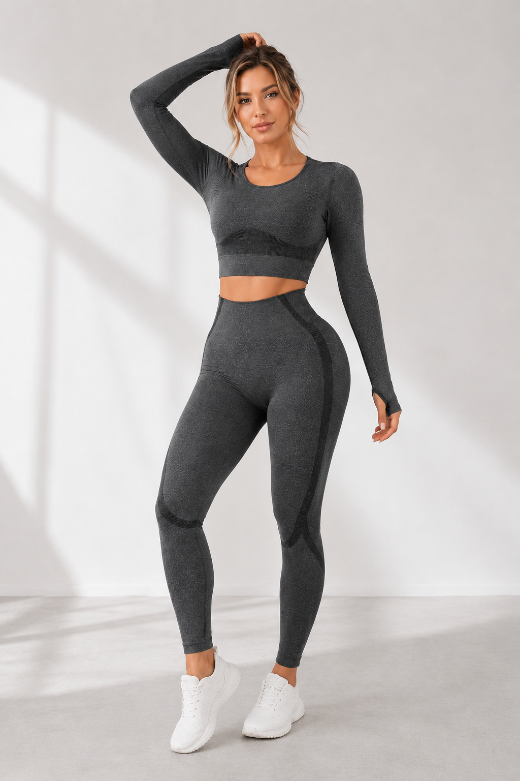 Lila Zen Seamless 3D Sculpt Long Sleeve Crop Top & High-Waisted Leggings Set