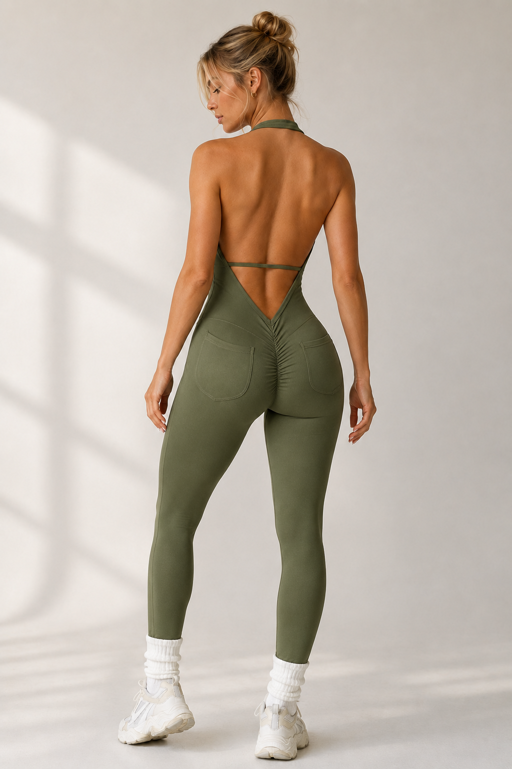 Lila Zen Halter V-Neck Open-Back Sculpt Yoga Jumpsuit