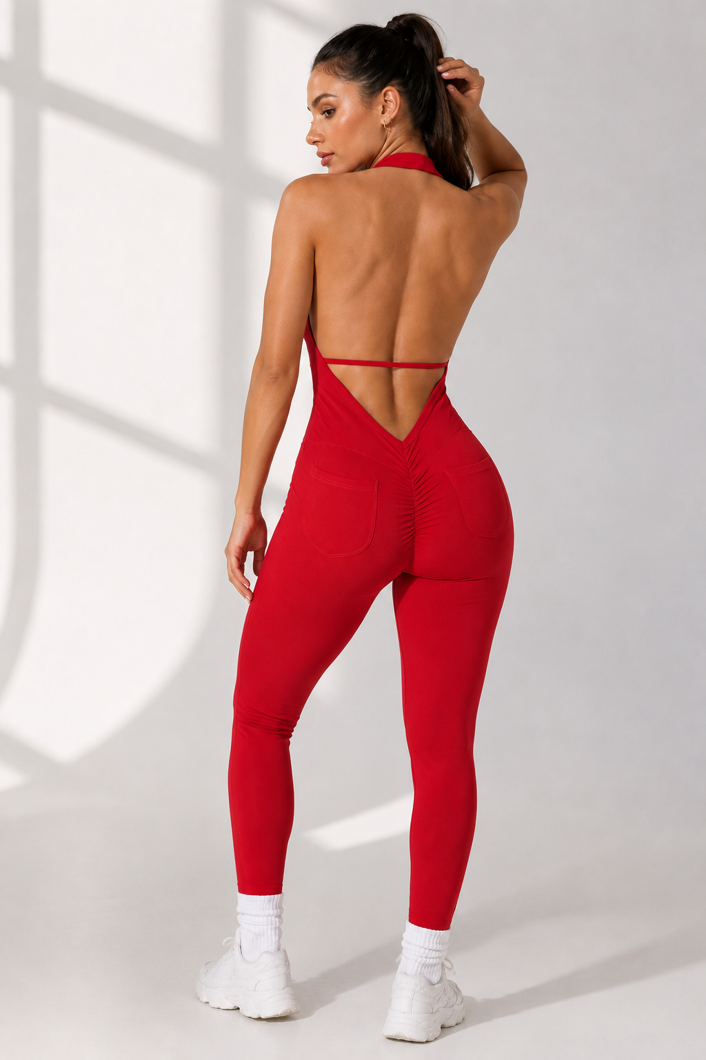 Lila Zen Halter V-Neck Open-Back Sculpt Yoga Jumpsuit