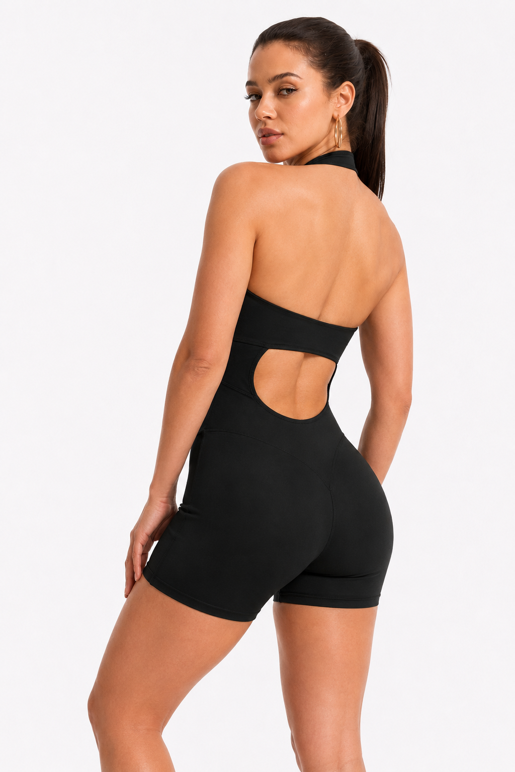 Lila Zen Lace-Trim Halter Open-Back Sculpt Romper