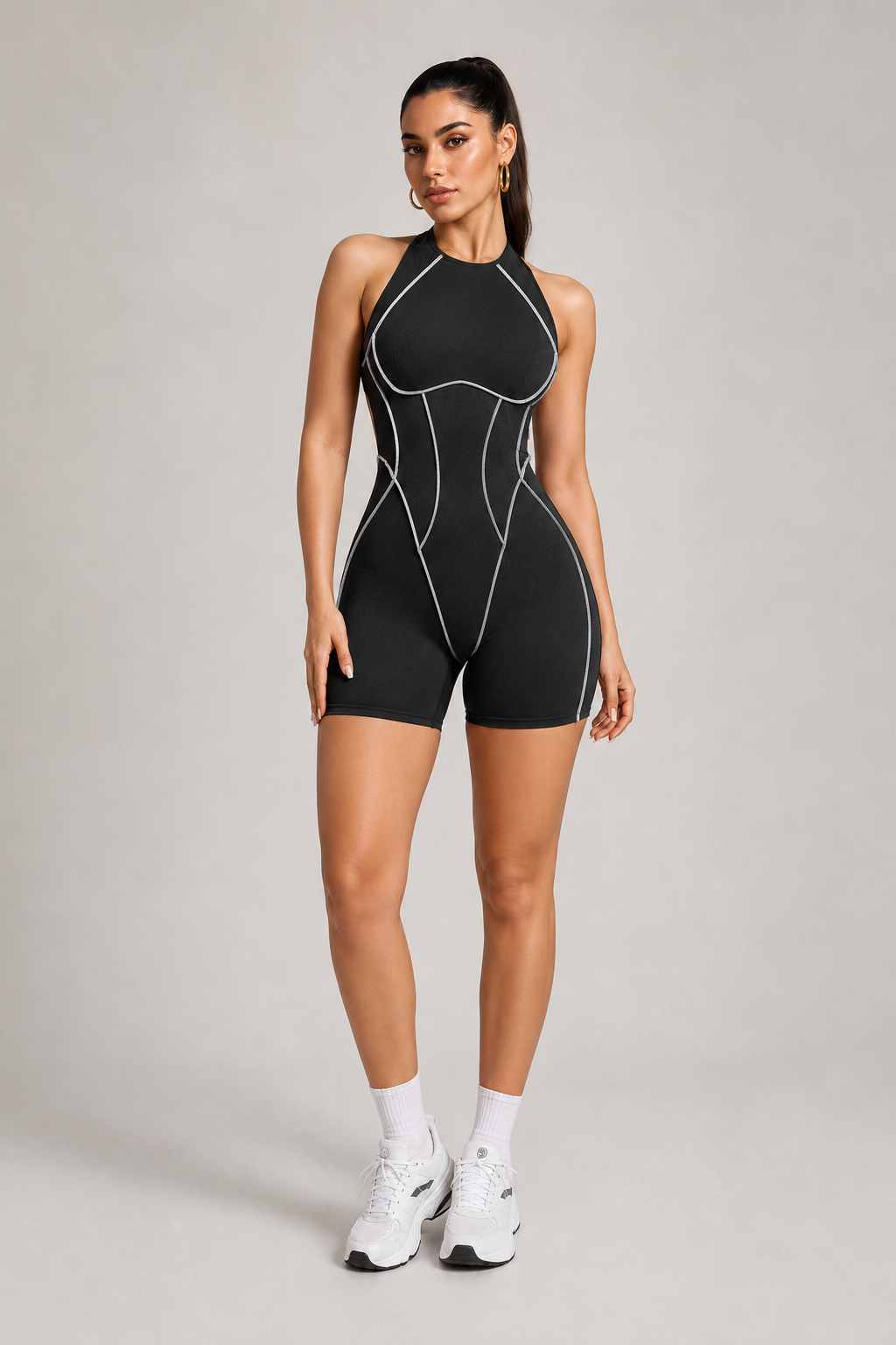 Lila Zen Contrast Seam Open-Back Sculpt Romper