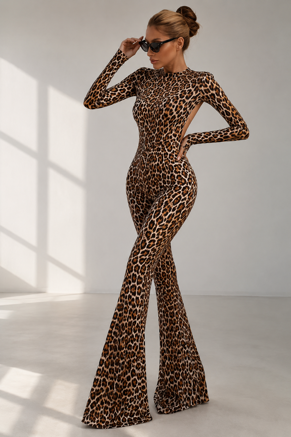 Leopard-Print Side-Cutout Flared Jumpsuit