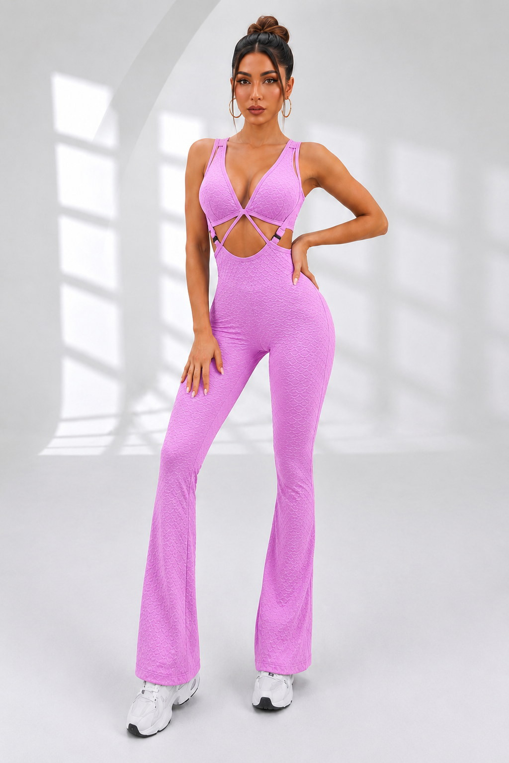 Textured Suspender Cutout Sculpting Jumpsuit